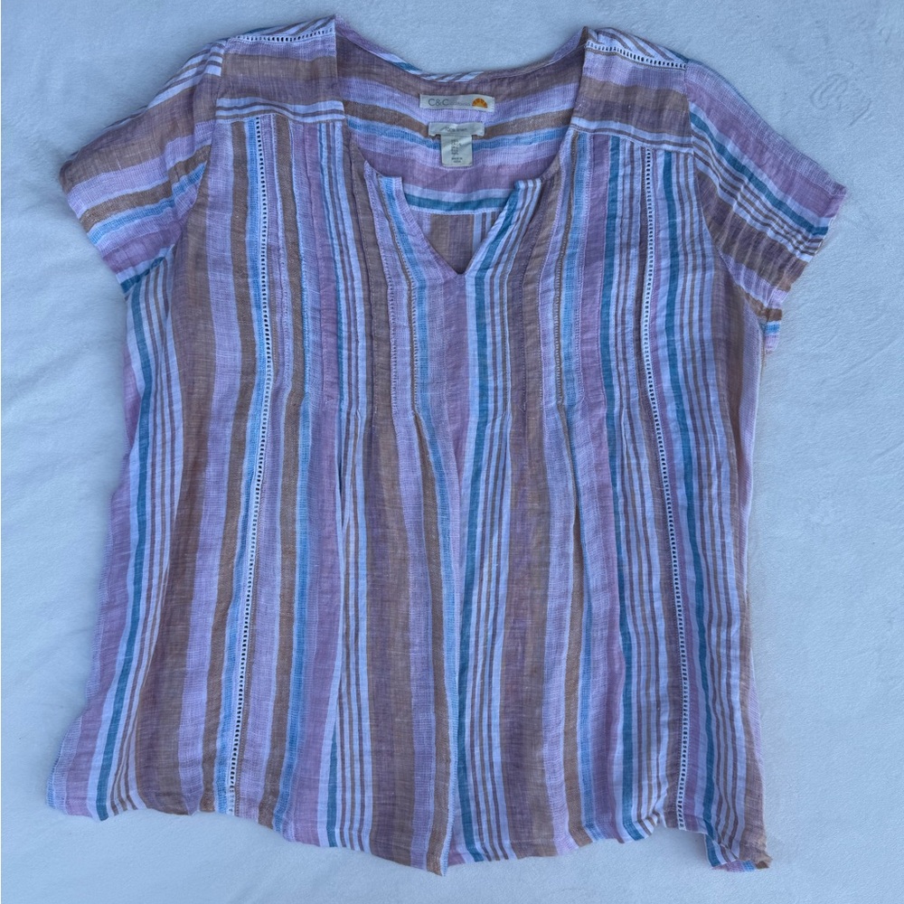 C&C California Purple and Brown Striped Blouse linen